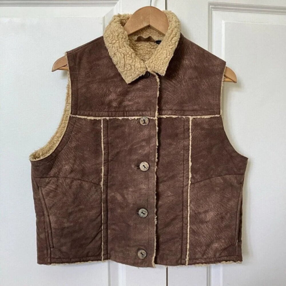 Vintage Tsunami Vest Faux Suede Sherpa Lined Brown Tan Womens Large